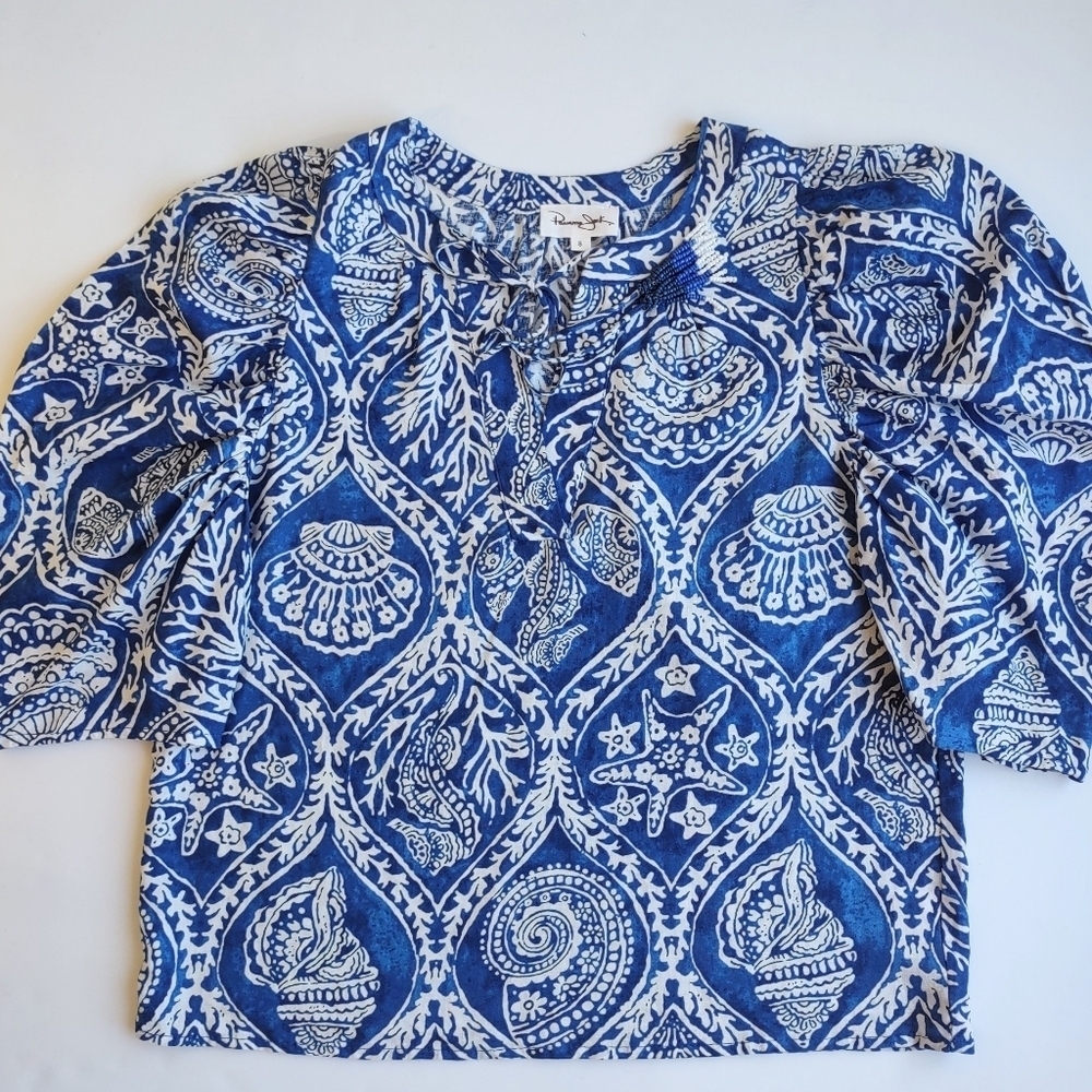 Panama Jack Nautical Linen Top Small Beaded Tassels Resort Beach Shells Coastal